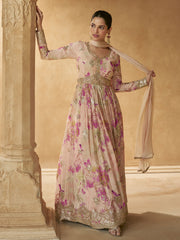 Pink Floral Print Embroidered Anarkali Gown