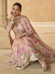 Pink Floral Print Embroidered Anarkali Gown