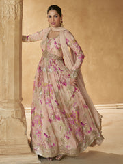 Pink Floral Print Embroidered Anarkali Gown