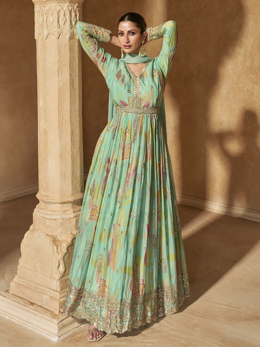 Sea Green Floral Print Embroidered Anarkali Gown