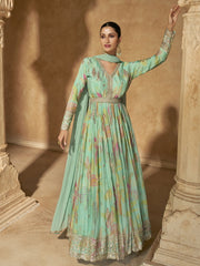 Sea Green Floral Print Embroidered Anarkali Gown