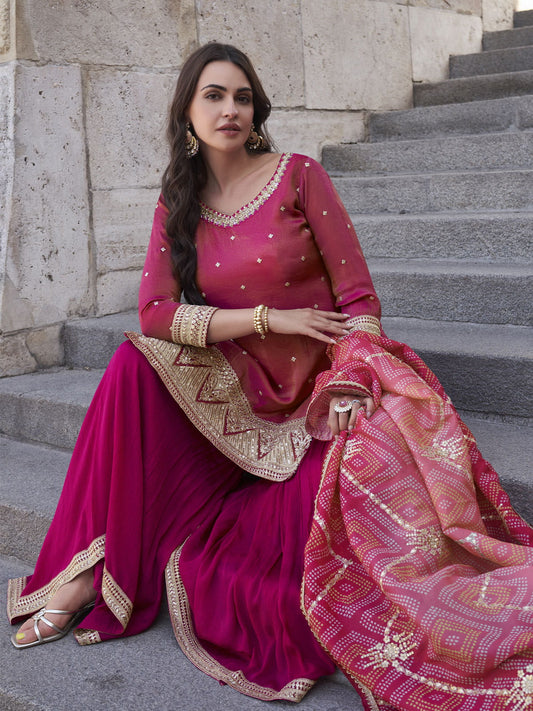 Pink Party Style Chinnon Gharara Style Suit