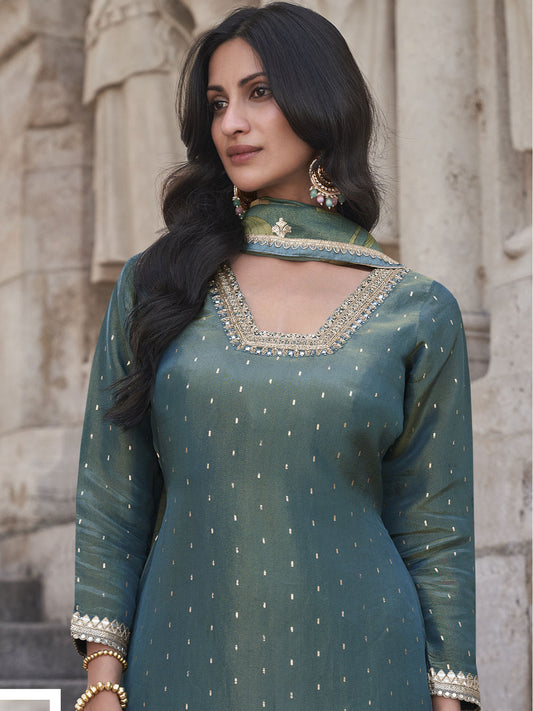 Teal Wedding Style Chinnon Gharara Style Suit