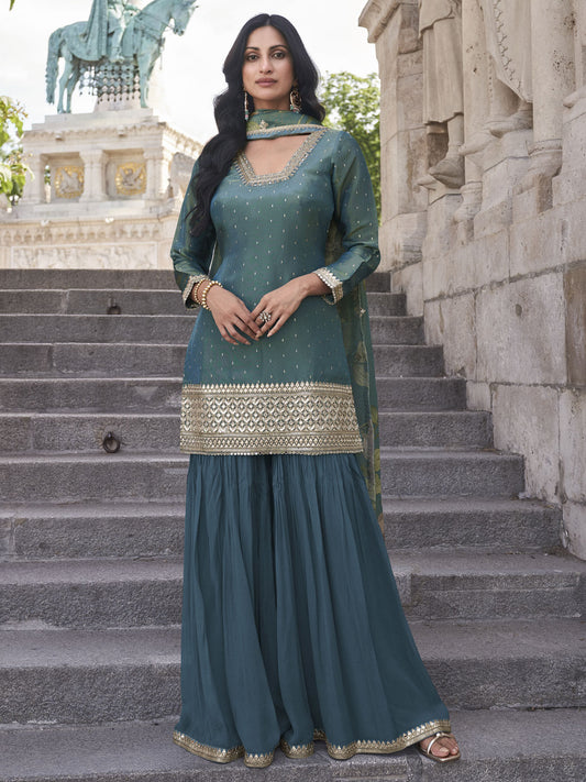 Teal Wedding Style Chinnon Gharara Style Suit