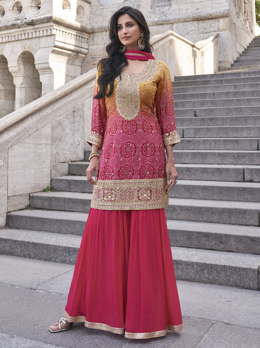 Pink Festive Style Chinnon Gharara Style Suit