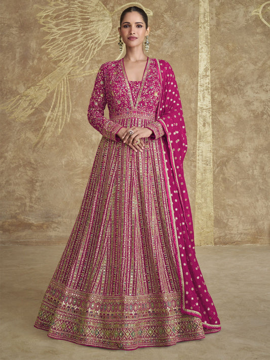 Pink Heavy Embroidered Georgette Wedding Anarkali Gown