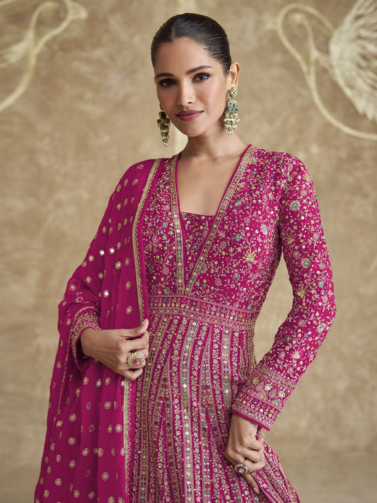 Pink Heavy Embroidered Georgette Wedding Anarkali Gown