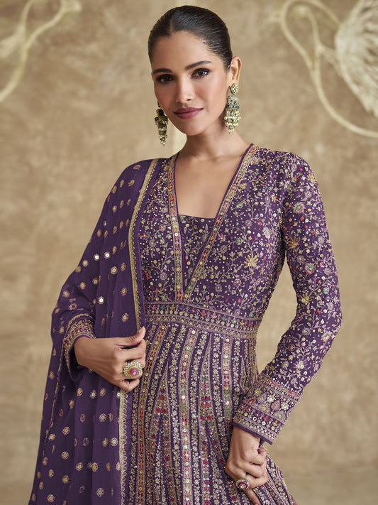 Purple Heavy Embroidered Georgette Wedding Anarkali Gown