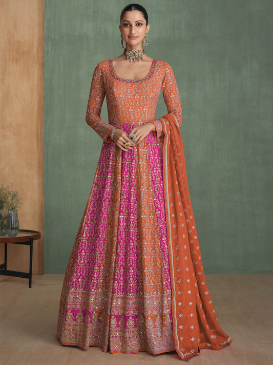 Orange Multi Embroidered Wedding Festive Anarkali Gown