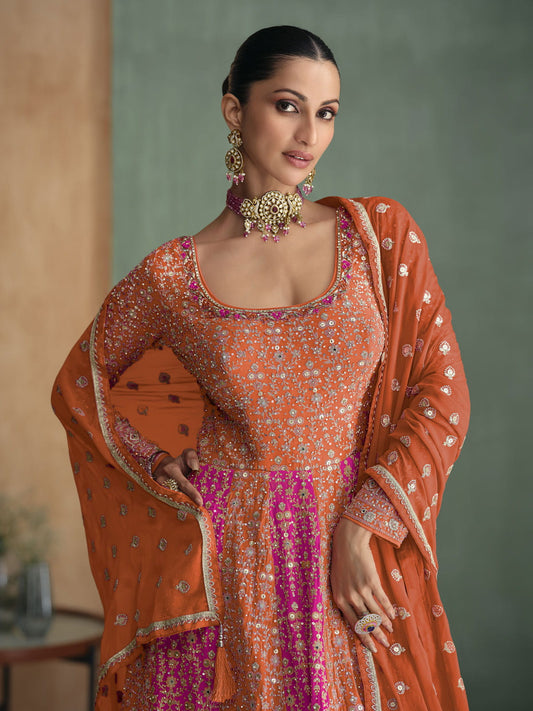 Orange Multi Embroidered Wedding Festive Anarkali Gown