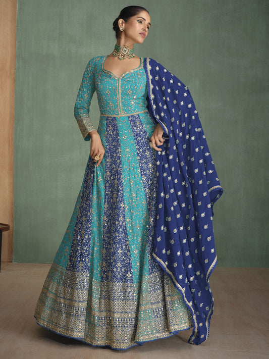 Firozi Multi Embroidered Wedding Festive Anarkali Gown