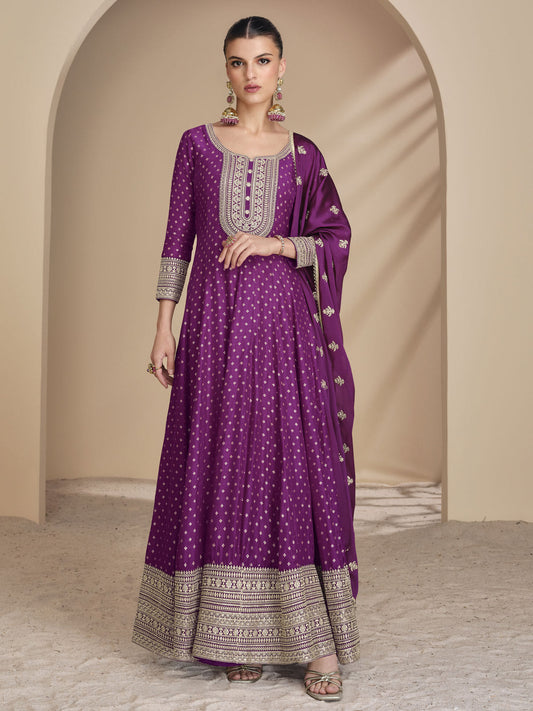 Violet Viscose Jacquard Silk Festive Anarkali Suit