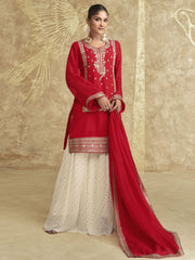 Red And Off White Embroidered Gharara Style Suit