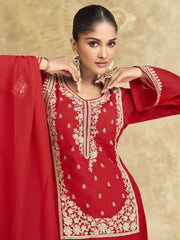 Red And Off White Embroidered Gharara Style Suit