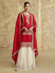 Red And Off White Embroidered Gharara Style Suit