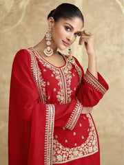 Red And Off White Embroidered Gharara Style Suit