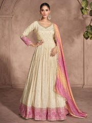 Beige And Pink Traditional Embroidery Anarkali Suit