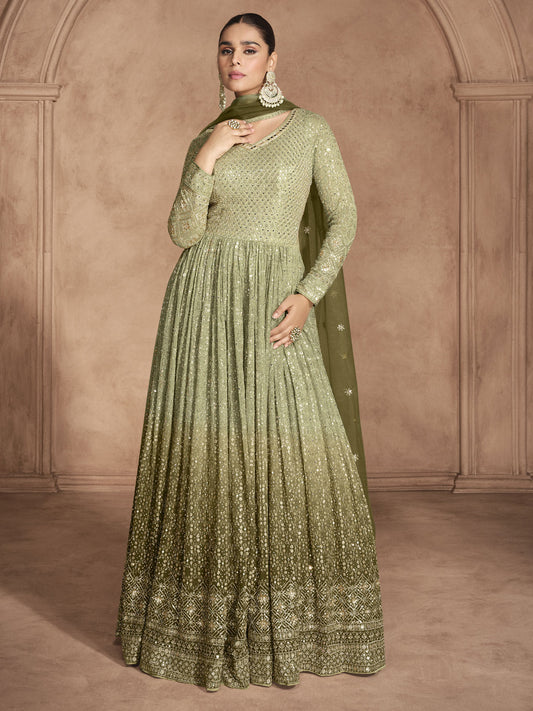 Olive Green Ombr??? Embroidery Anarkali Dress