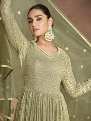 Olive Green Ombr‚ Embroidery Anarkali Dress