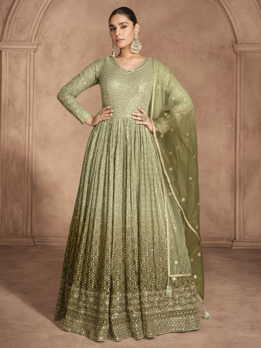 Olive Green Ombr??? Embroidery Anarkali Dress