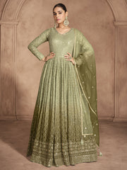 Olive Green Ombr‚ Embroidery Anarkali Dress