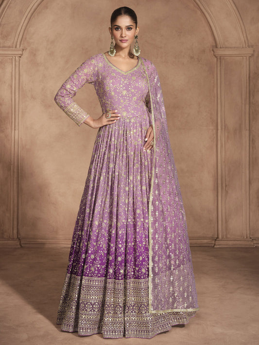 Orchid Purple Ombr??? Embroidery Anarkali Dress