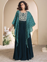 Teal Green Chinnon Silk Kaftan Style Anarkali Gown