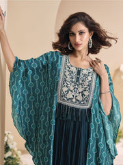 Teal Green Chinnon Silk Kaftan Style Anarkali Gown