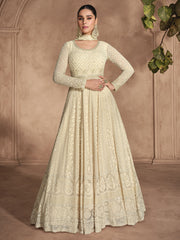 Cream White Chikankari Embroidery Festive Anarkali Dress