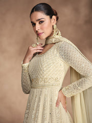 Cream White Chikankari Embroidery Festive Anarkali Dress