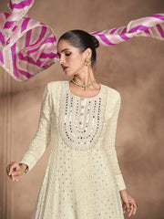 Off White Chikankari Embroidery Festive Anarkali Dress