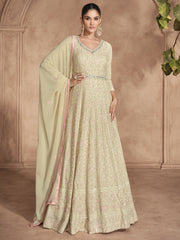 Beige Chikankari Embroidery Festive Anarkali Dress