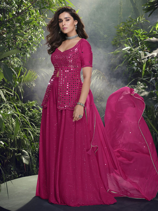 Fuchsia Pink Real Chinon Silk Sharara Set