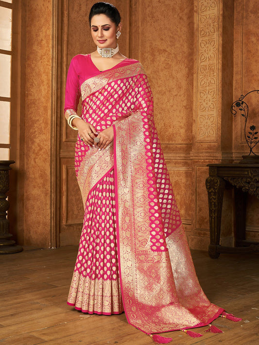 Magenta & Silver Woven Design Zari Silk Blend Kanjeevaram Saree