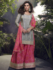 Grey And Pink Sangeet Sharara Suit