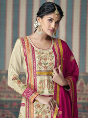 Beige and Pink All Over Lace Embroidered Palazzo Suit