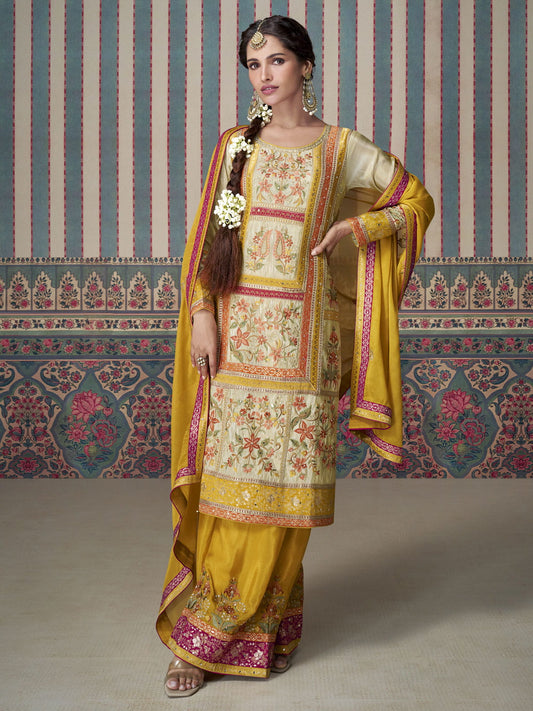 Beige and Yellow All Over Lace Embroidered Palazzo Suit