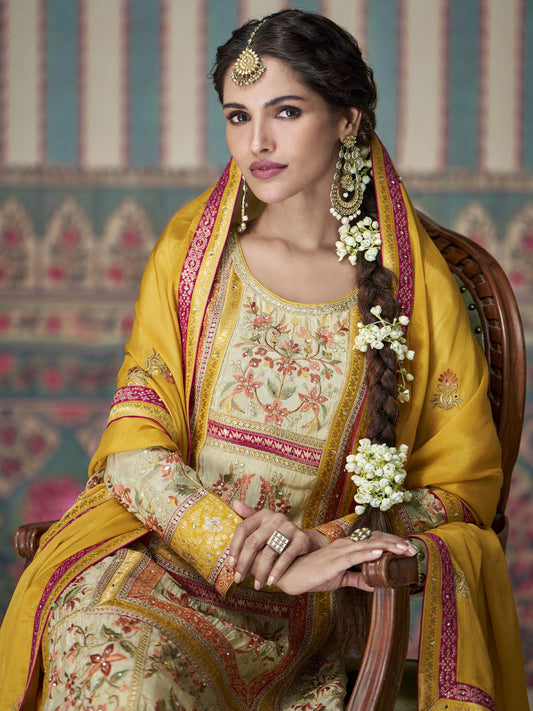 Beige and Yellow All Over Lace Embroidered Palazzo Suit