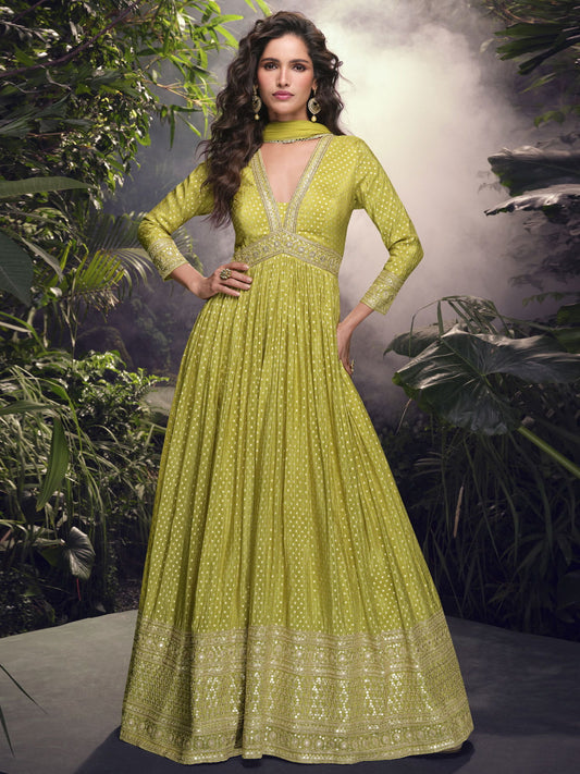 Lime Green Traditional Silk Anarkali Suit