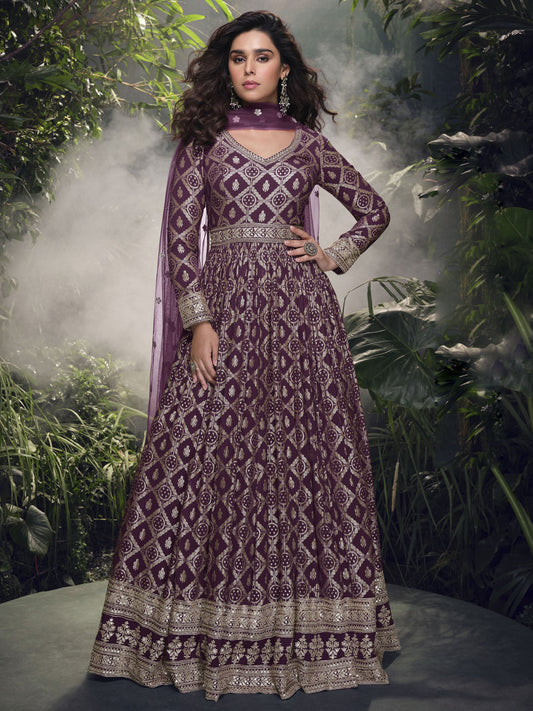 Wine Traditional Silk Anarkali Suit