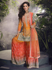 Orange Multicolored Handwork Sharara Style Suit