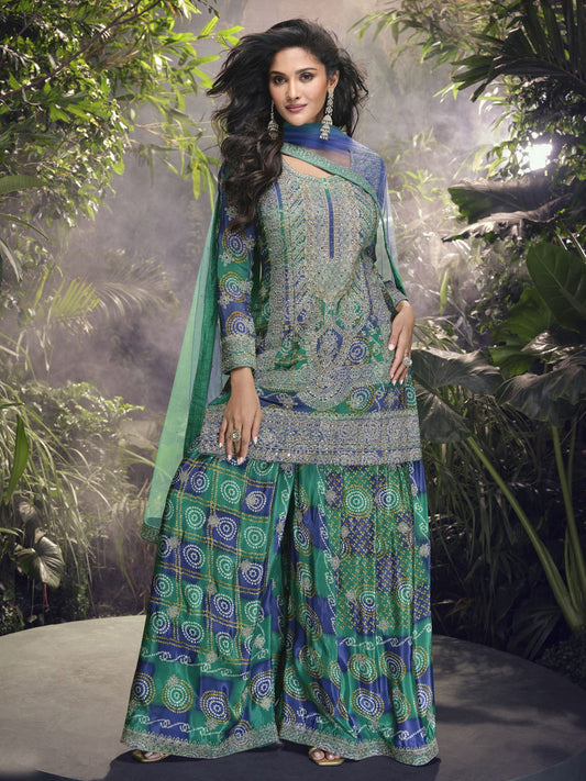 Green And Blue Handwork Sharara Style Suit