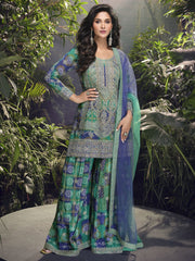 Green And Blue Handwork Sharara Style Suit