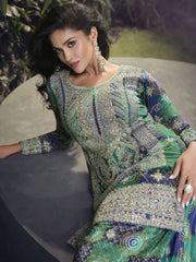 Green And Blue Handwork Sharara Style Suit