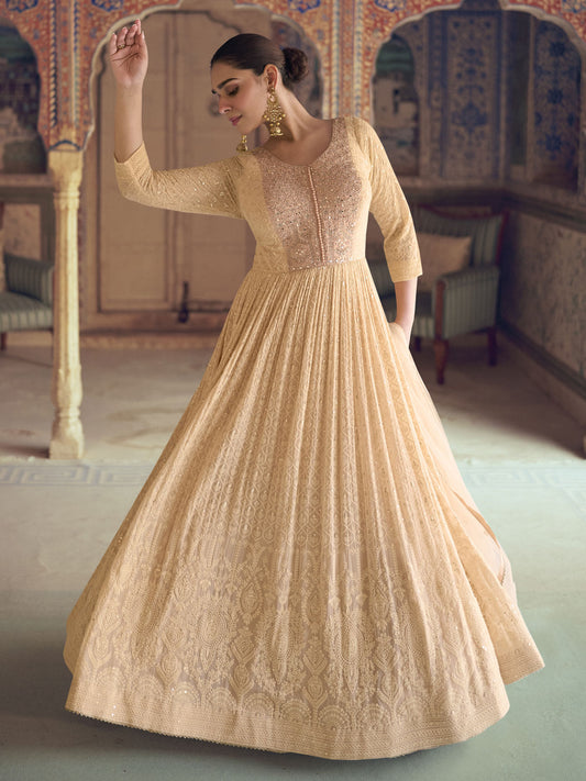 Peach Heavy Chikankari Embroidered Wedding Anarkali Gown