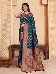 Navy Blue And Red With Gold Ethnic Motif Woven Design Saree With tassels