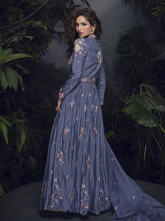 Bluish Purple Handwork Designer Gown