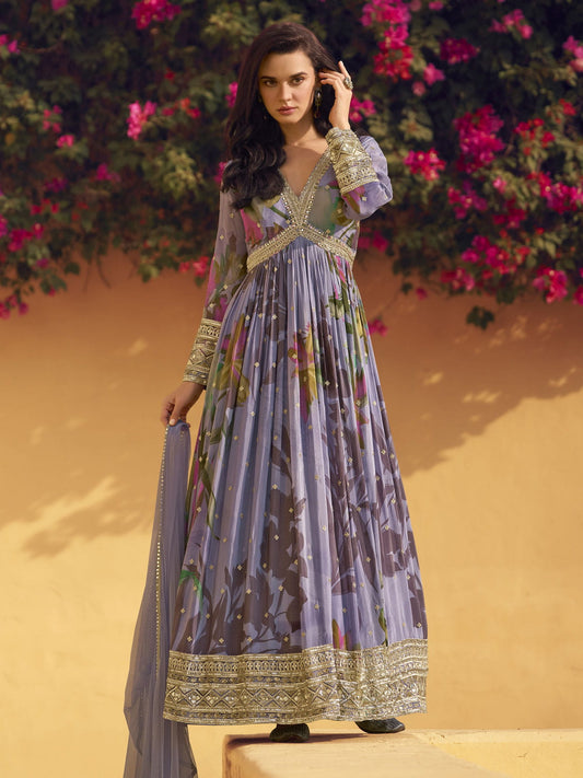 Lavender Embroidered Chinon Silk Anarkali Suit