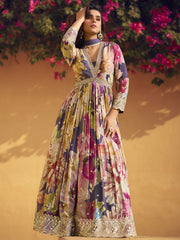 Multicolor Floral Embroidered Chinon Silk Anarkali Suit