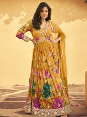 Golden Yellow Embroidered Chinon Silk Anarkali Suit